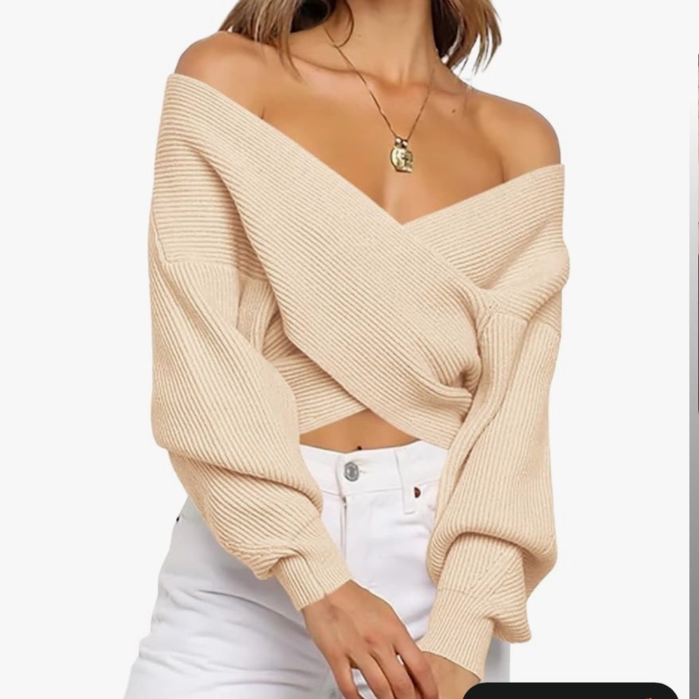 BTFBM wrap-style, off-the-shoulder, ribbed knit sweater. - Picture 2 of 8